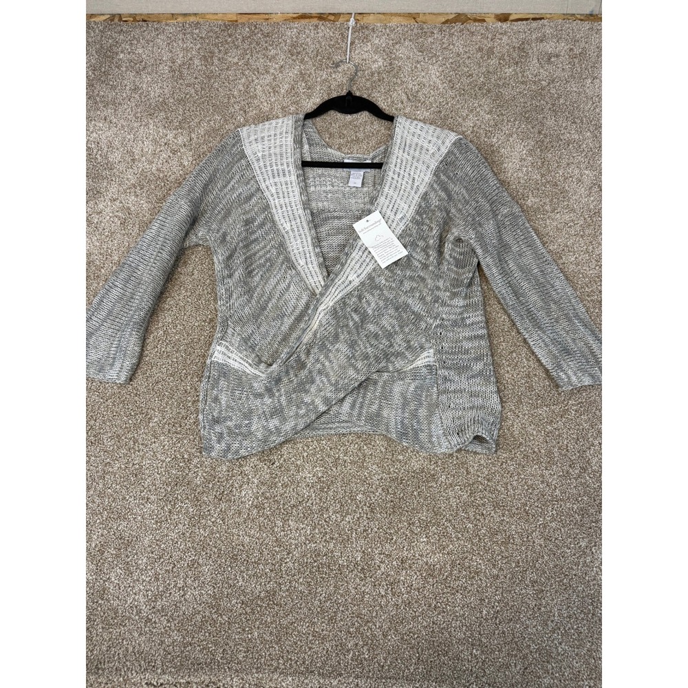 NWT Soft Surroundings Linen Wrap Sweater Knit Grey White Medium Boho Costal Chic